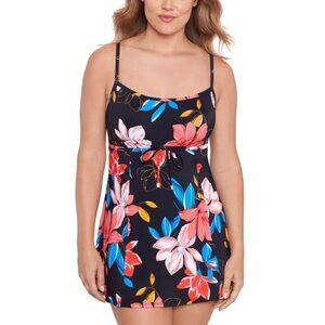 Swim Solutions Black Floral Print Empire Dress Size 12